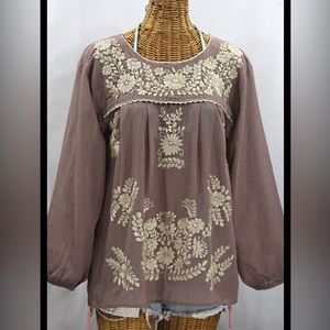 Embroidered Peasant Blouse TopLa Mariposa Larga" Fog Grey with Cream Embroidery